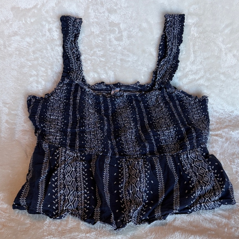 Old Navy Blue & White Smocked Babydoll Tank Top | Size XL